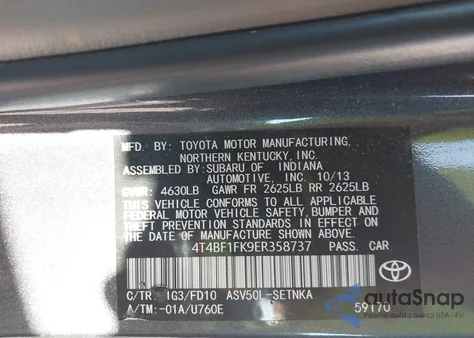 2014 Toyota Camry Le из США, поврежденный, VIN 4T4BF1FK9ER358737